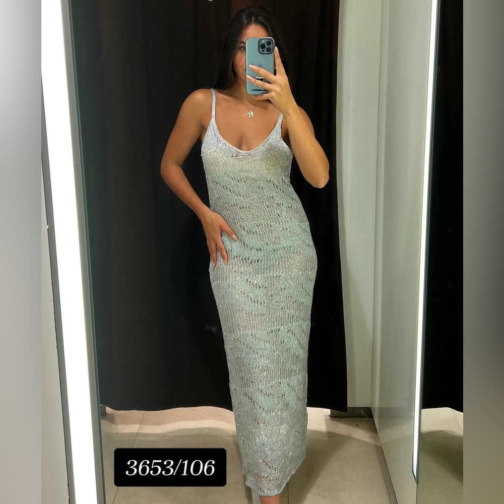 Zara Silver Sequin Metallic Open Knit Detail Tank Camo Maxi Long Dress - Picture 1 of 6
